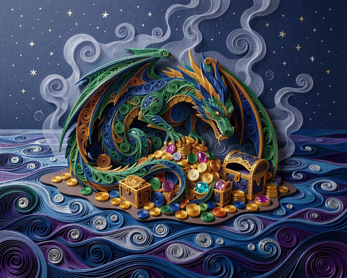 a majestic dragon curled protectively around a treasure hoard, on the shore of a starlit magical lake, captured from a sweeping cinematic wide angle, with delicate wisps of magical mist curling upward.