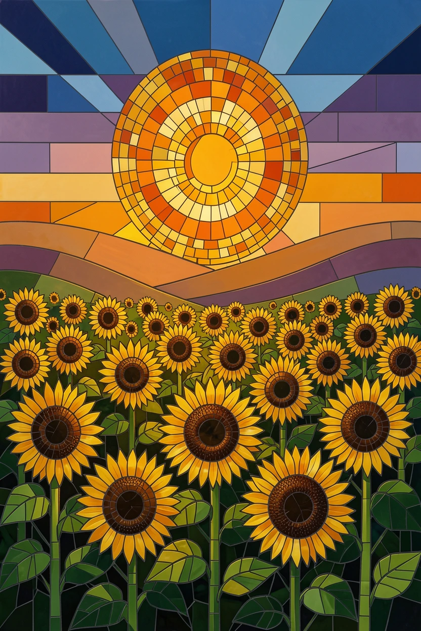 A field of sunflowers turning toward a brilliant setting sun.
