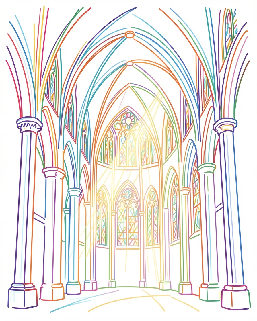 A grand cathedral interior with sunlight streaming through stained glass windows.