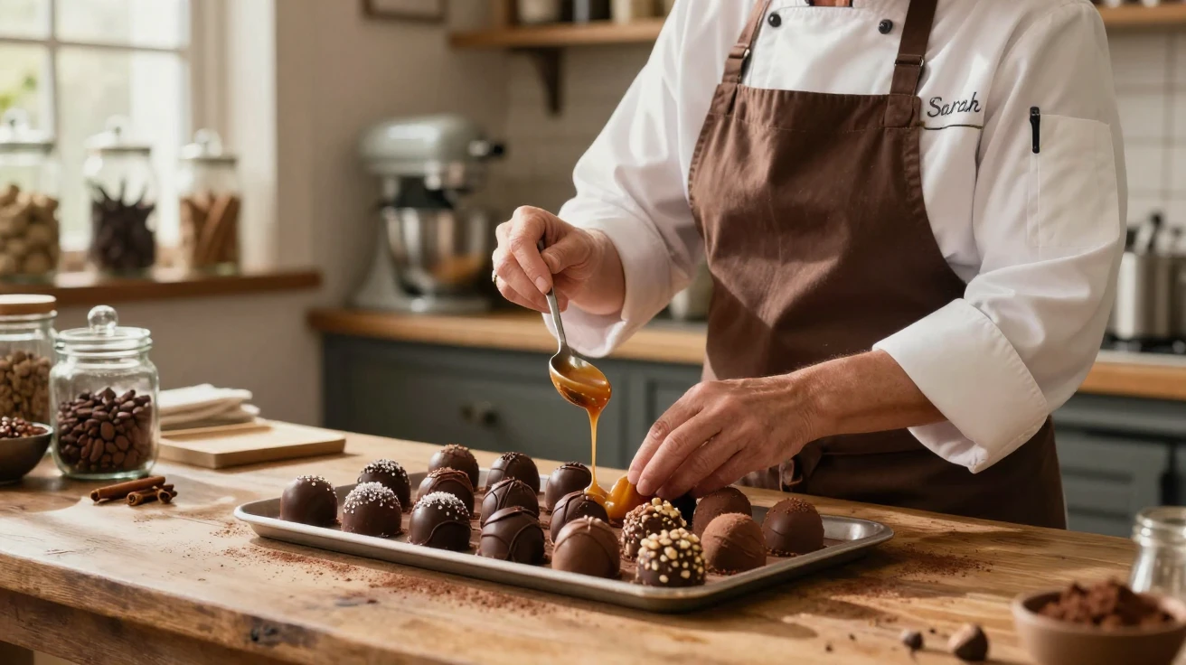 A chocolatier drizzling caramel over handmade truffles