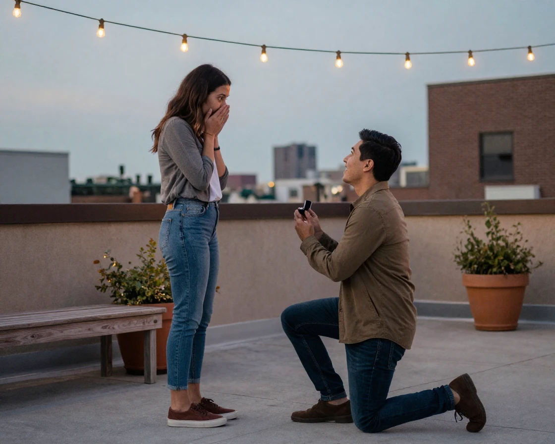 A man proposes to his partner on a rooftop at dusk with string lights strung overhead.