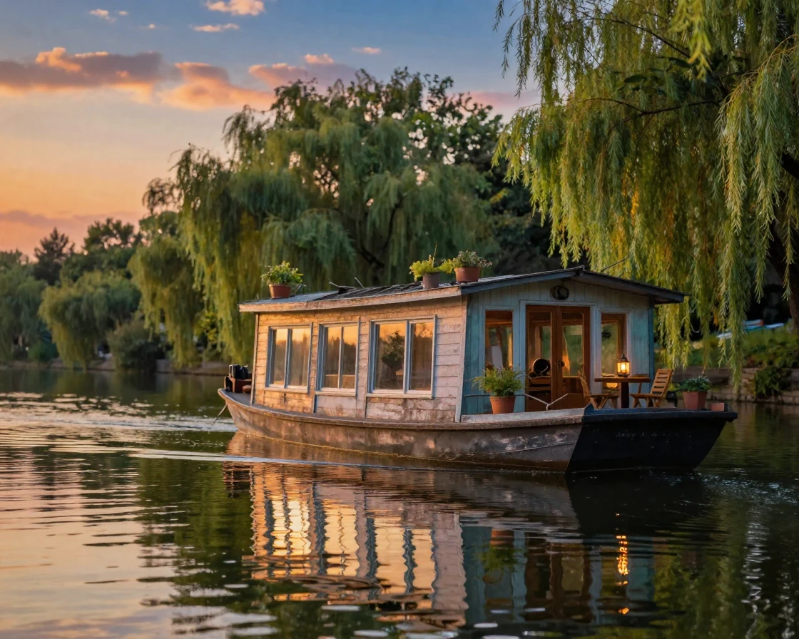 A floating houseboat gently rocking on a calm river lined with willow trees