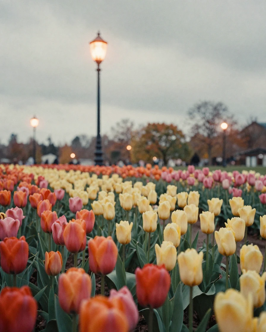 Rows of tulips in brilliant colors beneath an overcast sky, in low lamplight, in still, windless air, in late autumn, in soft muted pastels, at eye level, intimate and direct.