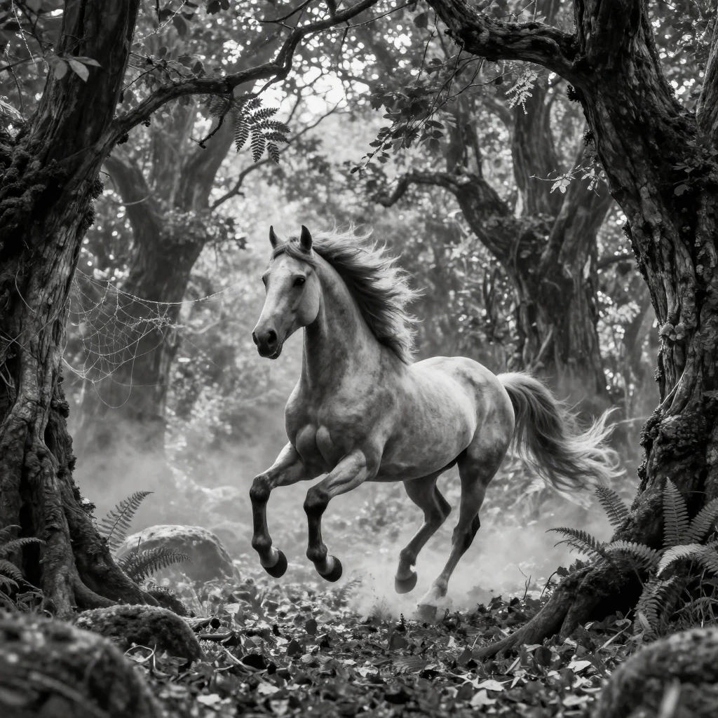 A centaur gallops through an enchanted forest deep within an enchanted forest.