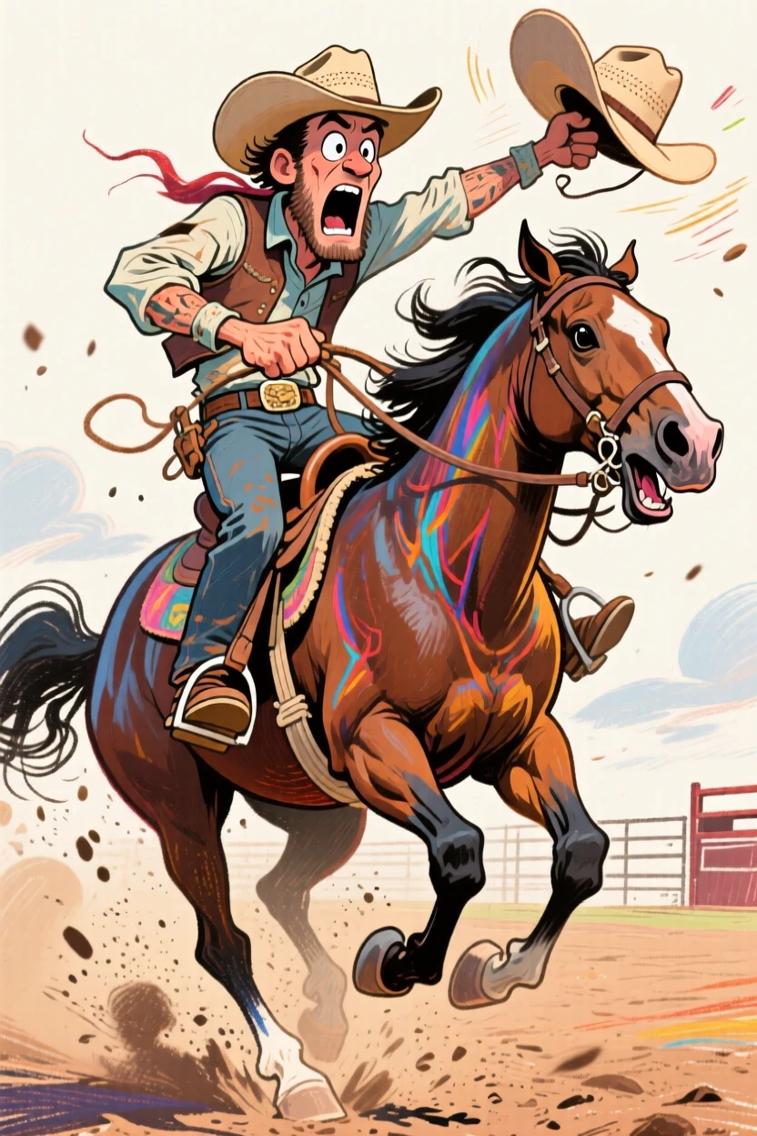 A rodeo cowboy gripping tight atop a bucking bronco, hat flying off.