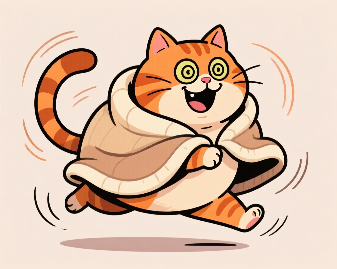 A playful pet moment featuring a plump orange tabby cat chasing its own tail in dizzy circles, wrapped in a cozy blanket.