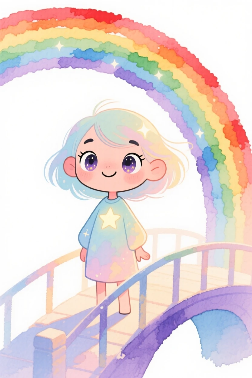A starlight weaver standing at the edge of a rainbow bridge