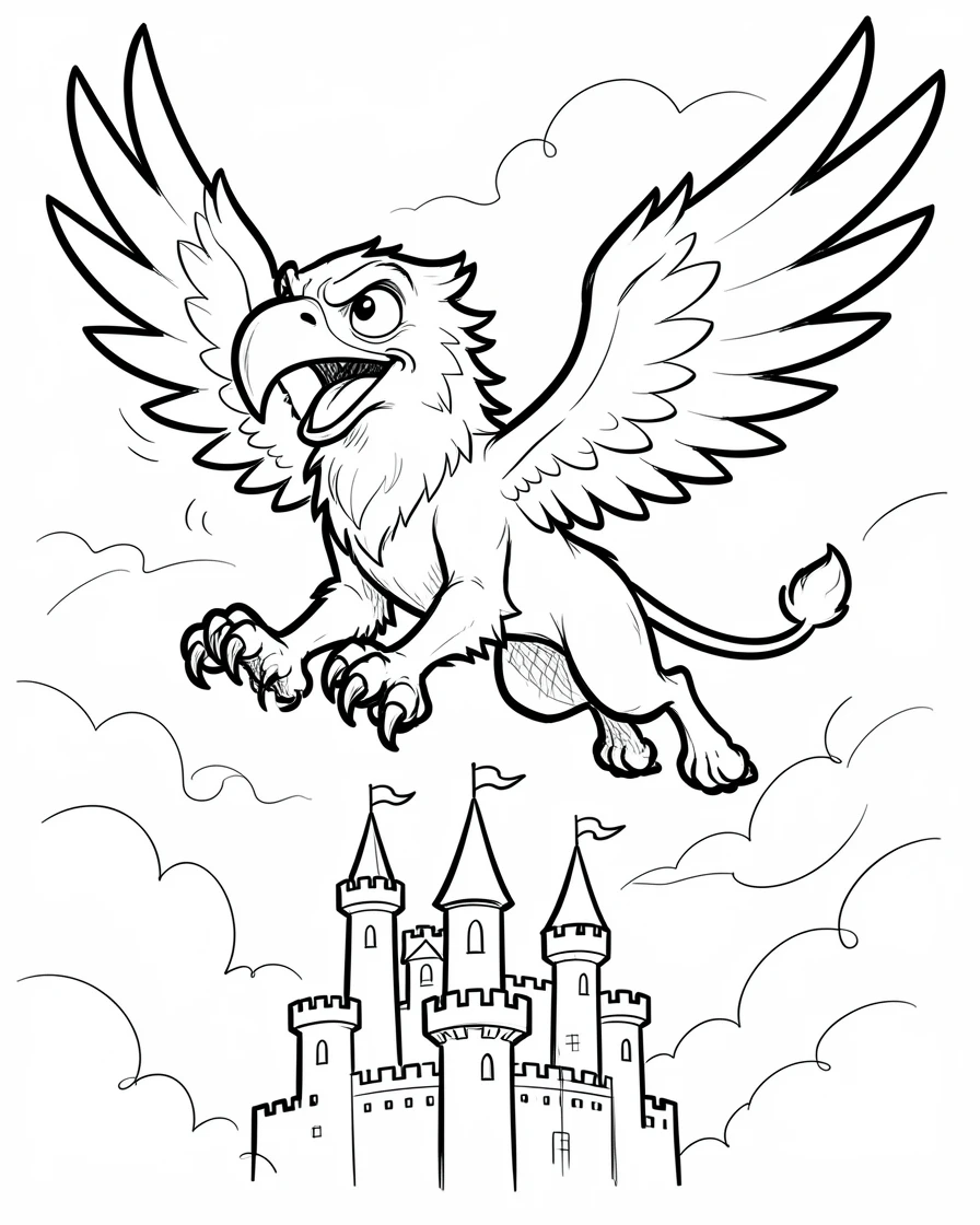 [Fantasy & Imaginative Scenarios] Imaginative fantasy scene of a griffin soaring majestically over a medieval castle, brimming with wonder
