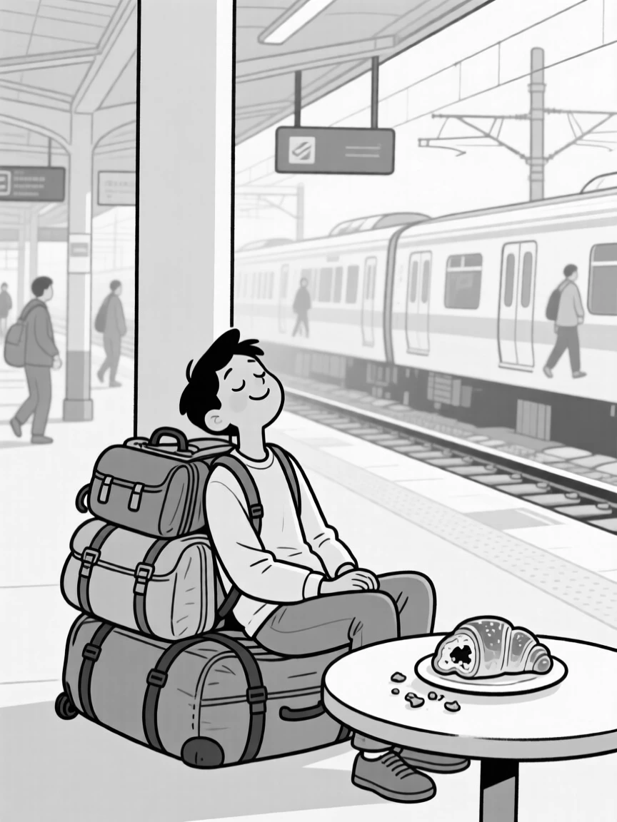 A traveler napping upright against an airport pillar, sitting triumphantly atop the overstuffed bag, set at a bustling train station platform. A half-eaten pastry balances precariously on the table's edge. The scene captures the giddy chaos of exploring somewhere new.