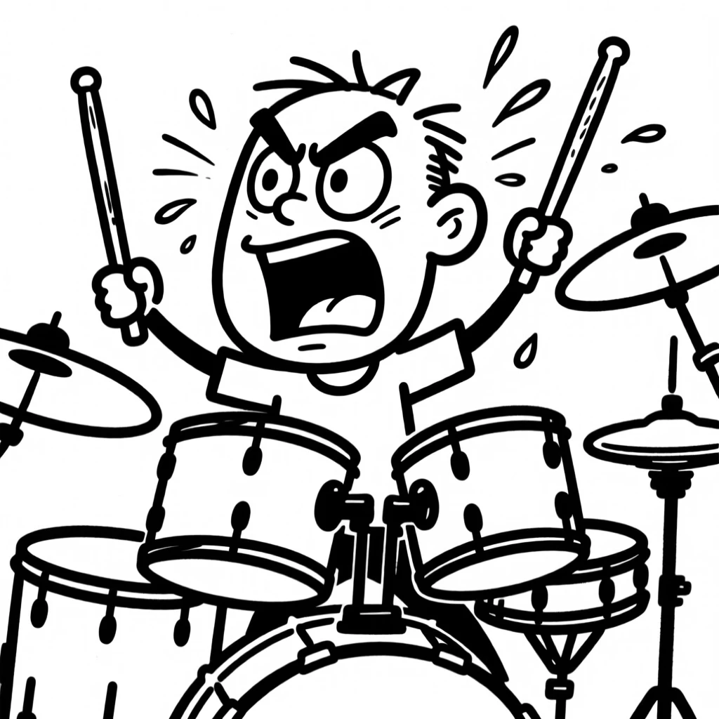 A drummer mid-solo, sticks a blur, sweat flying under stage lights.