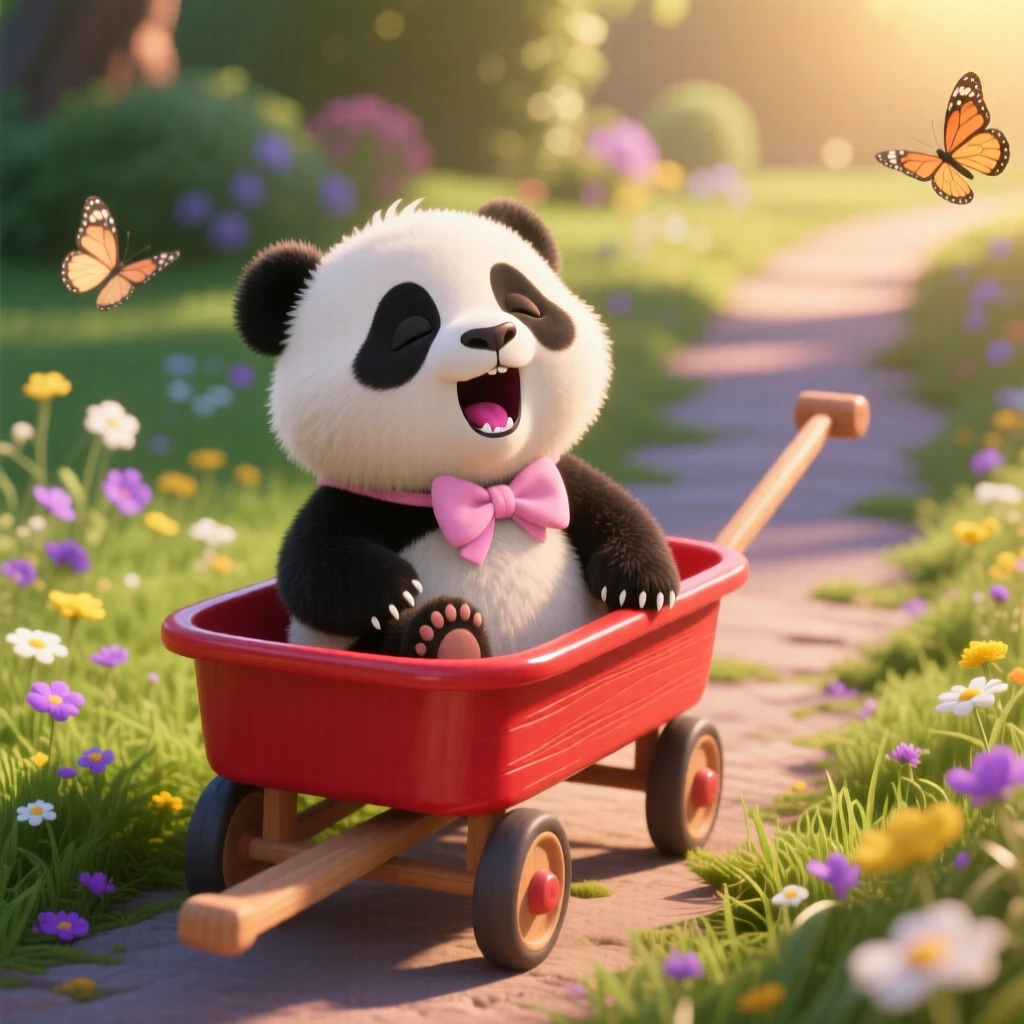 A baby panda cub is riding in a small red wagon, yawning with a tiny open mouth. Innocent curiosity shines through the moment, with a tiny bow tied around its neck.