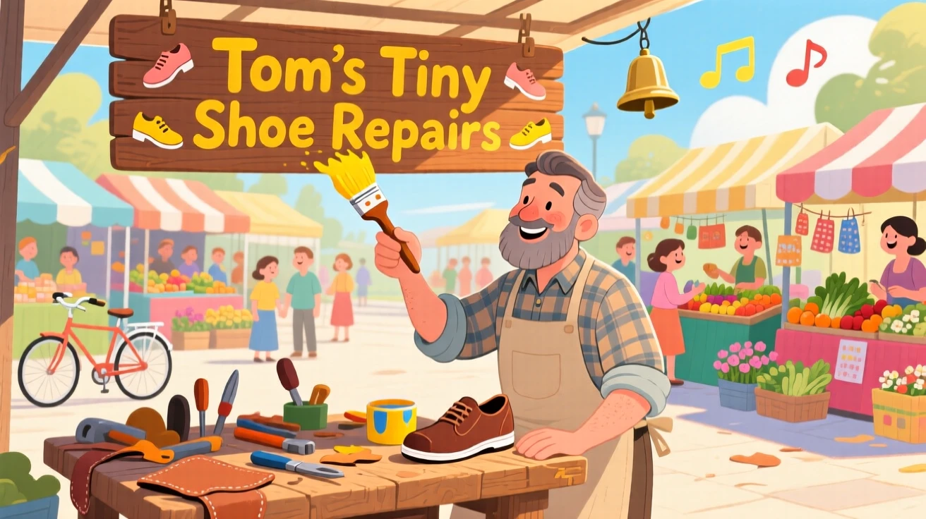 A shoemaker at his workbench pauses while painting a shop sign a cheerful color in a sunny farmers market, as bicycle bells chime somewhere nearby.