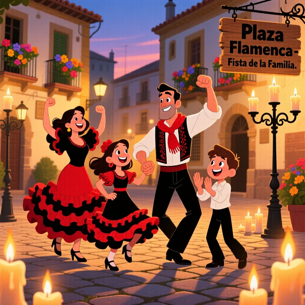 A family in Spain dancing flamenco in a candlelit plaza.