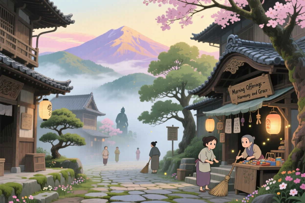 A scenic view of an ancient temple town wreathed in morning mist, with distant mountains framing the skyline.
