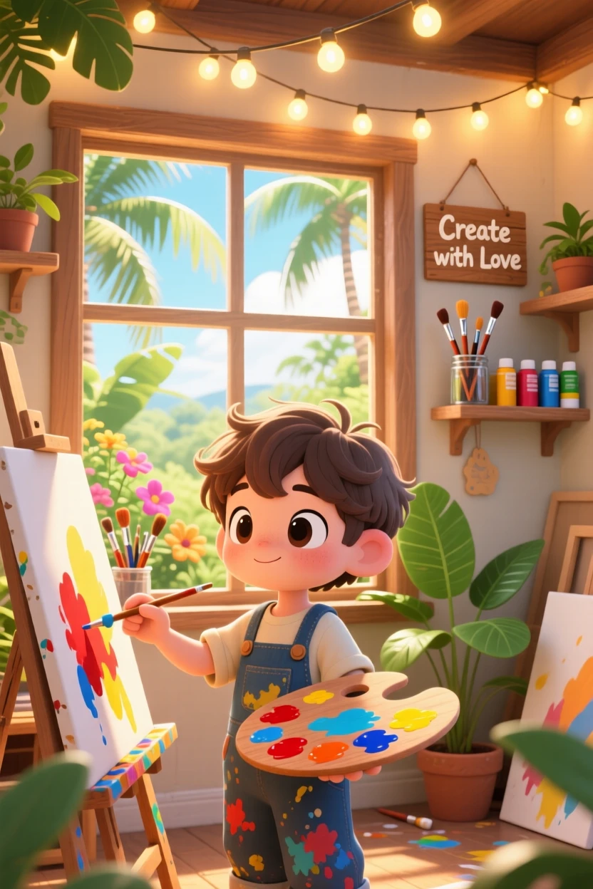 Framed through a window of a young painter, mixing colors on a wooden palette, in a sunlit art studio, on a warm tropical afternoon, illuminated by glowing string lights, radiating warm affection.