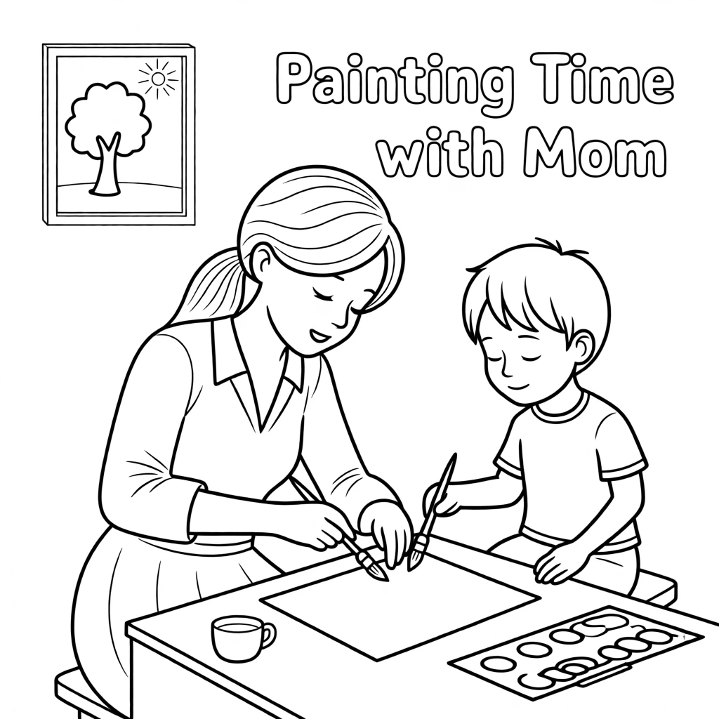 A mother teaching her child to paint a picture