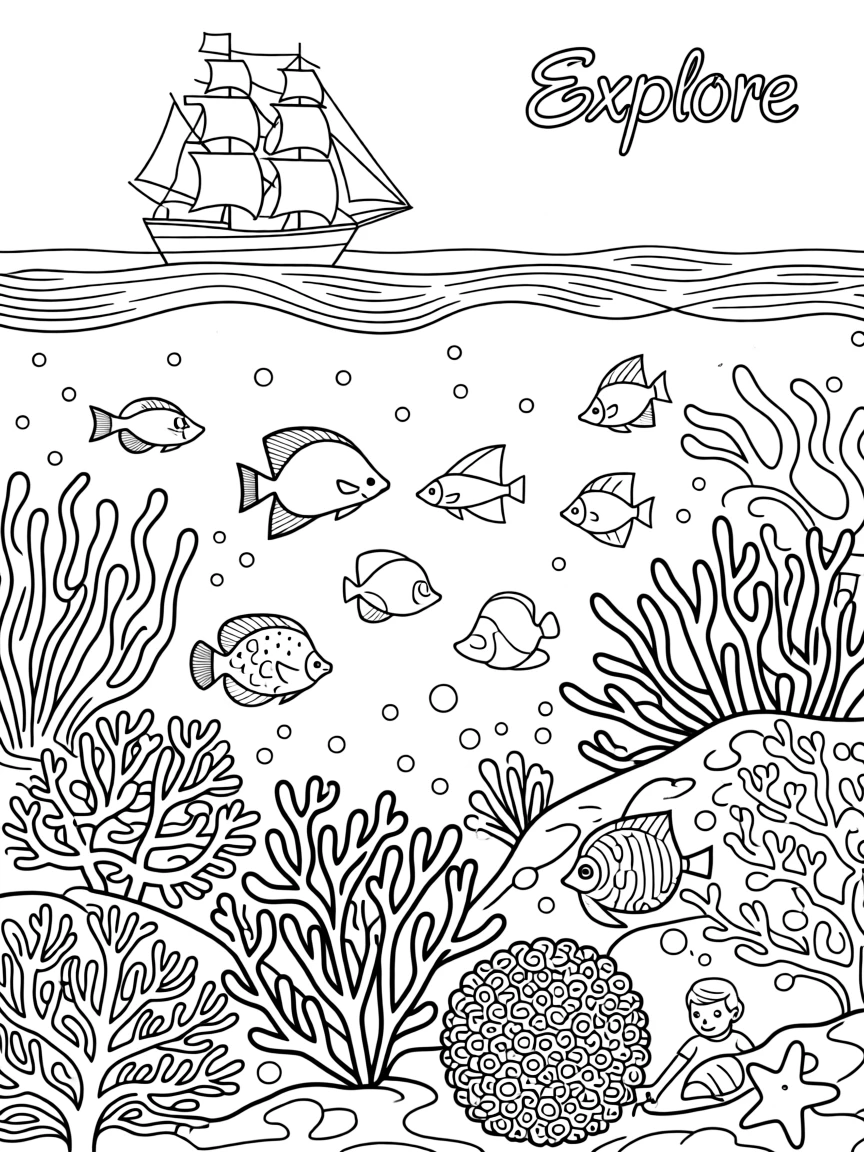 A coral reef teeming with tropical fish, with a distant silhouette of a ship above the waves.