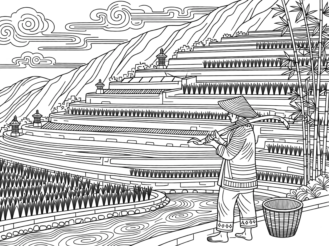 Stepped terraces of rice fields carved into a mountainside.