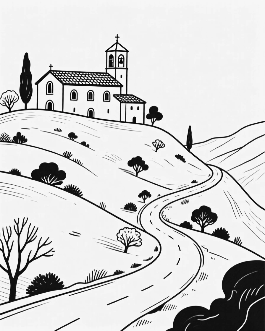 A hillside monastery overlooking a winding mountain road