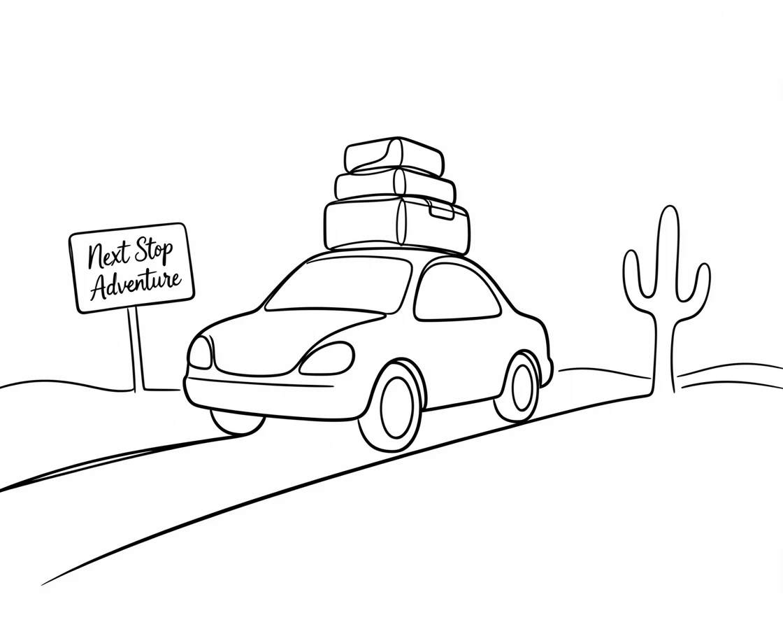 A road trip car packed with luggage driving along an open desert highway