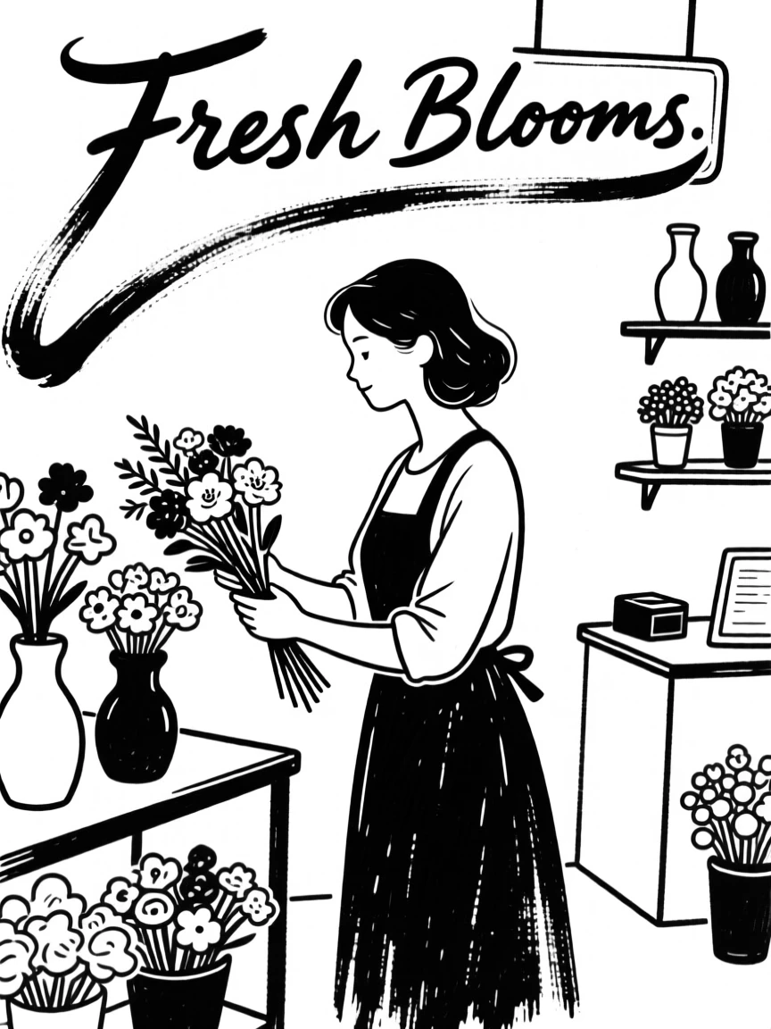 A woman arranging fresh flowers in her small flower shop.