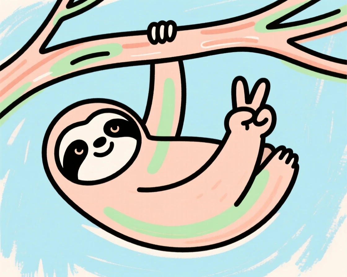 A cute cartoon sloth hanging upside down giving a peace sign.