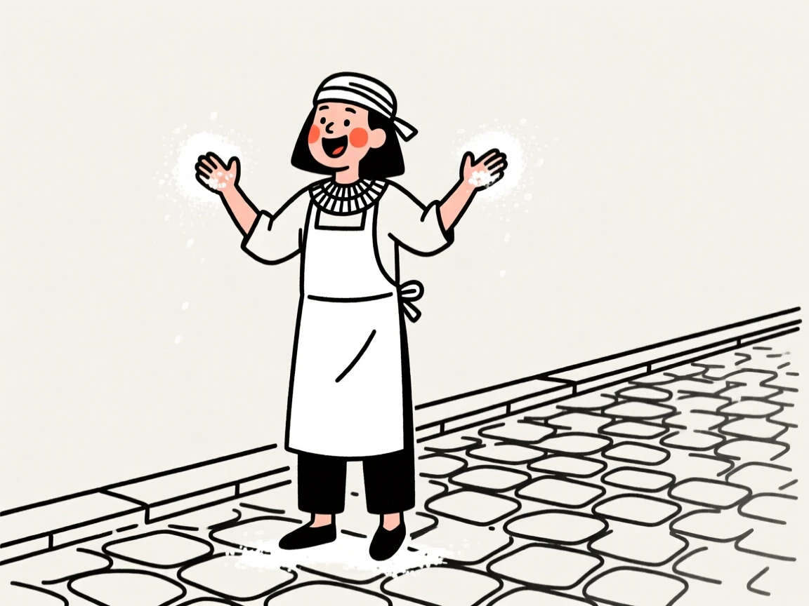 A baker of egyptian heritage dusted with flour, bursting with excitement, on a quiet cobblestone street.