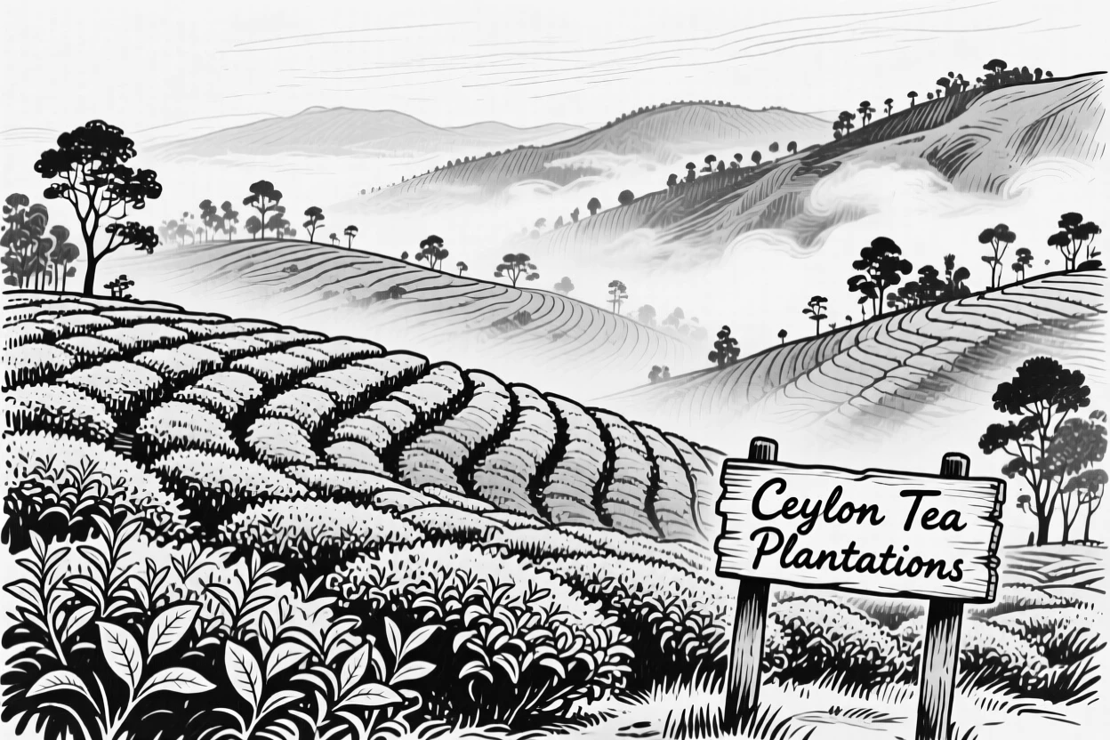 The lush tea plantations of Sri Lanka rolling across misty hills.