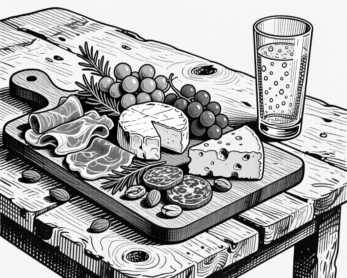 A wooden board of charcuterie set on a farmhouse table, with droplets of condensation on a nearby glass, presented in a cheerful and abundant culinary still life.
