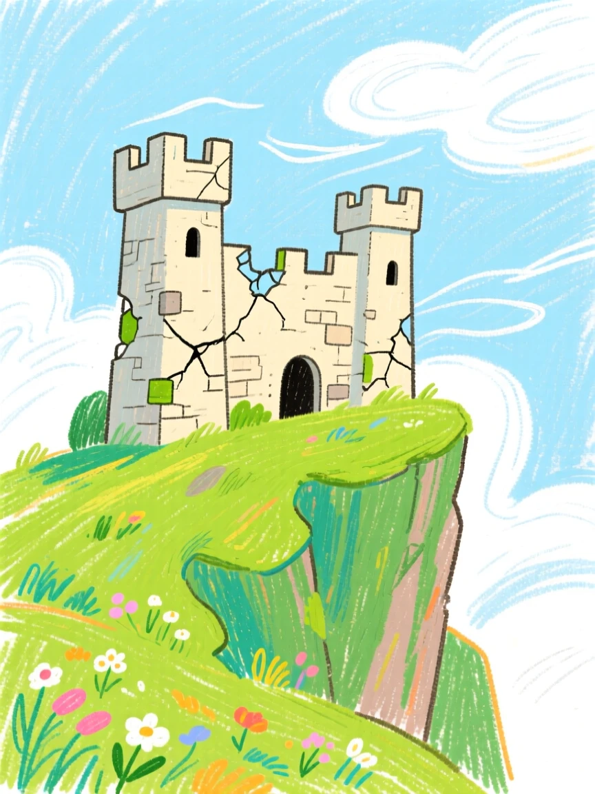 A windswept castle ruin standing atop a green cliff.