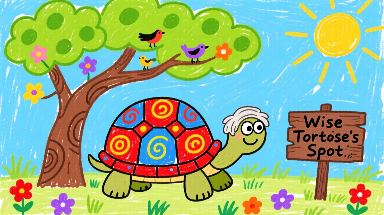A wise old tortoise under a wide acacia tree.