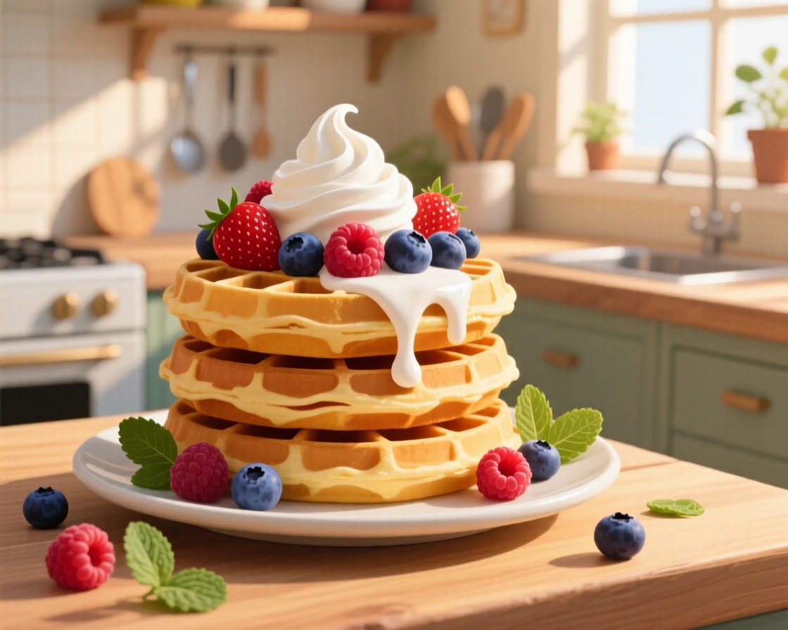 A stack of berry-topped waffles with whipped cream, set within a cozy sunlit kitchen, arranged with garnishes placed for visual balance, with a joyful, celebratory feel.