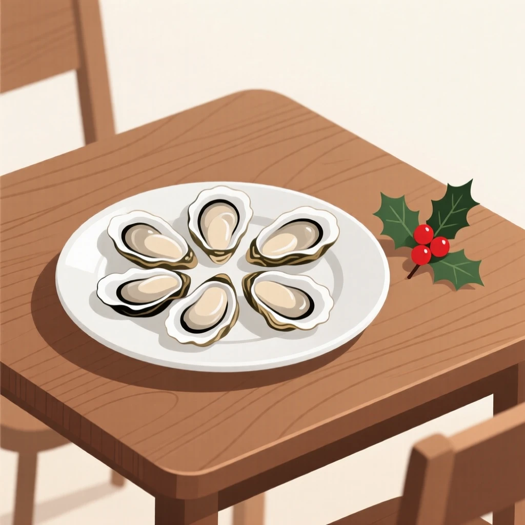 A plate of fresh oysters beautifully displayed on a wooden table at a holiday feast.