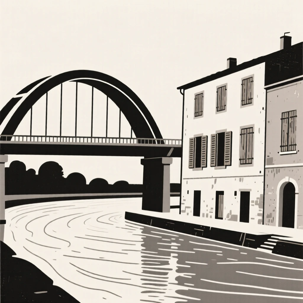 A bridge arching over a river, striking and prominent, stands in a riverside district, surrounded by weathered wooden shutters, expressing historic charm.
