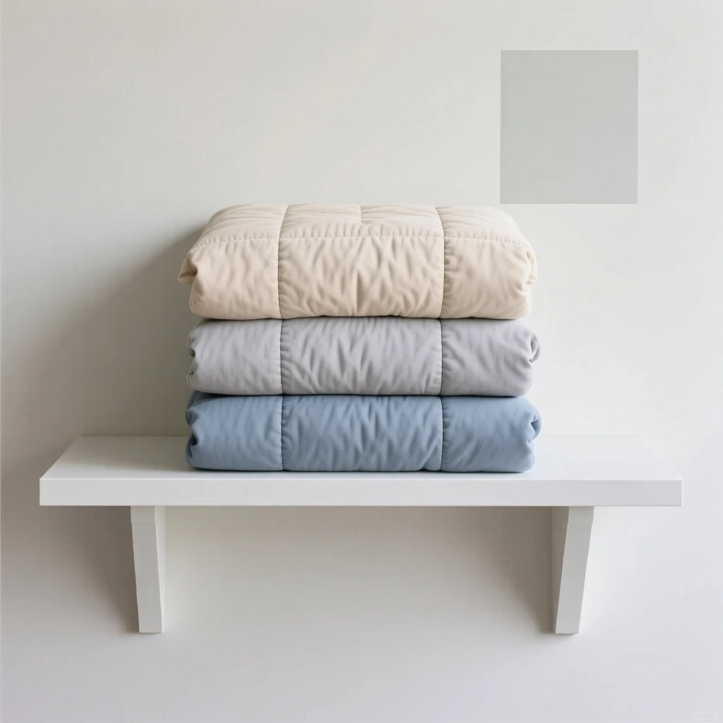 A stack of folded quilts on a shelf