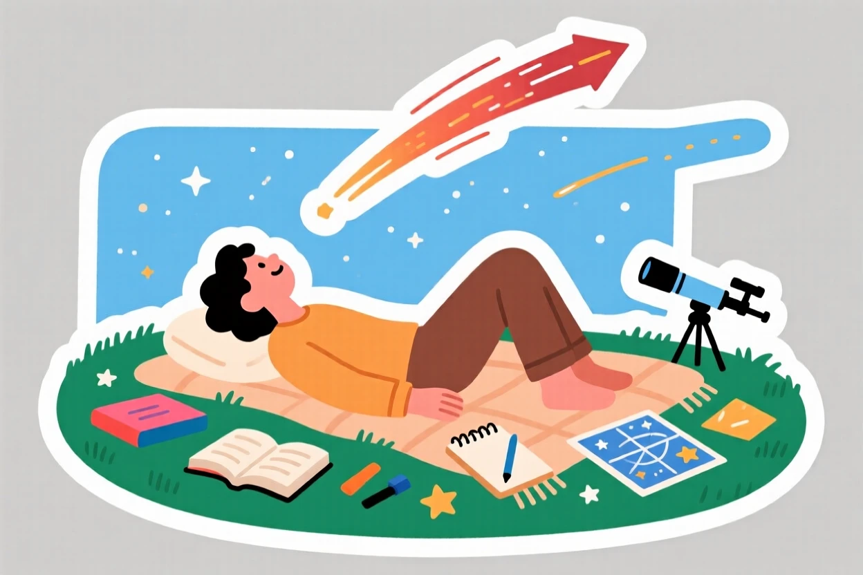 A quietly passionate stargazer lying on a blanket watching meteors, with colorful materials spread all around, on a quiet weekend afternoon.
