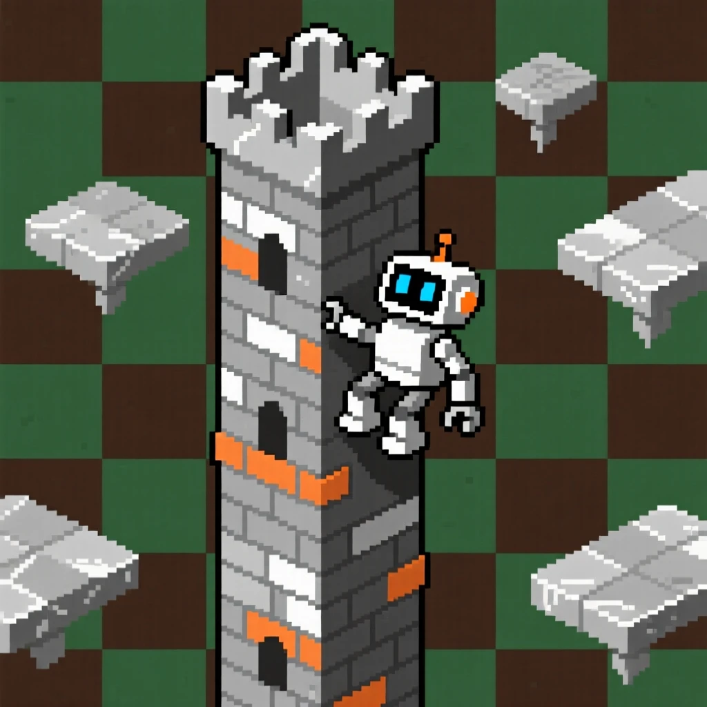 A robot companion climbing a tower guarded by floating platforms, on a checkerboard battlefield of tiles.