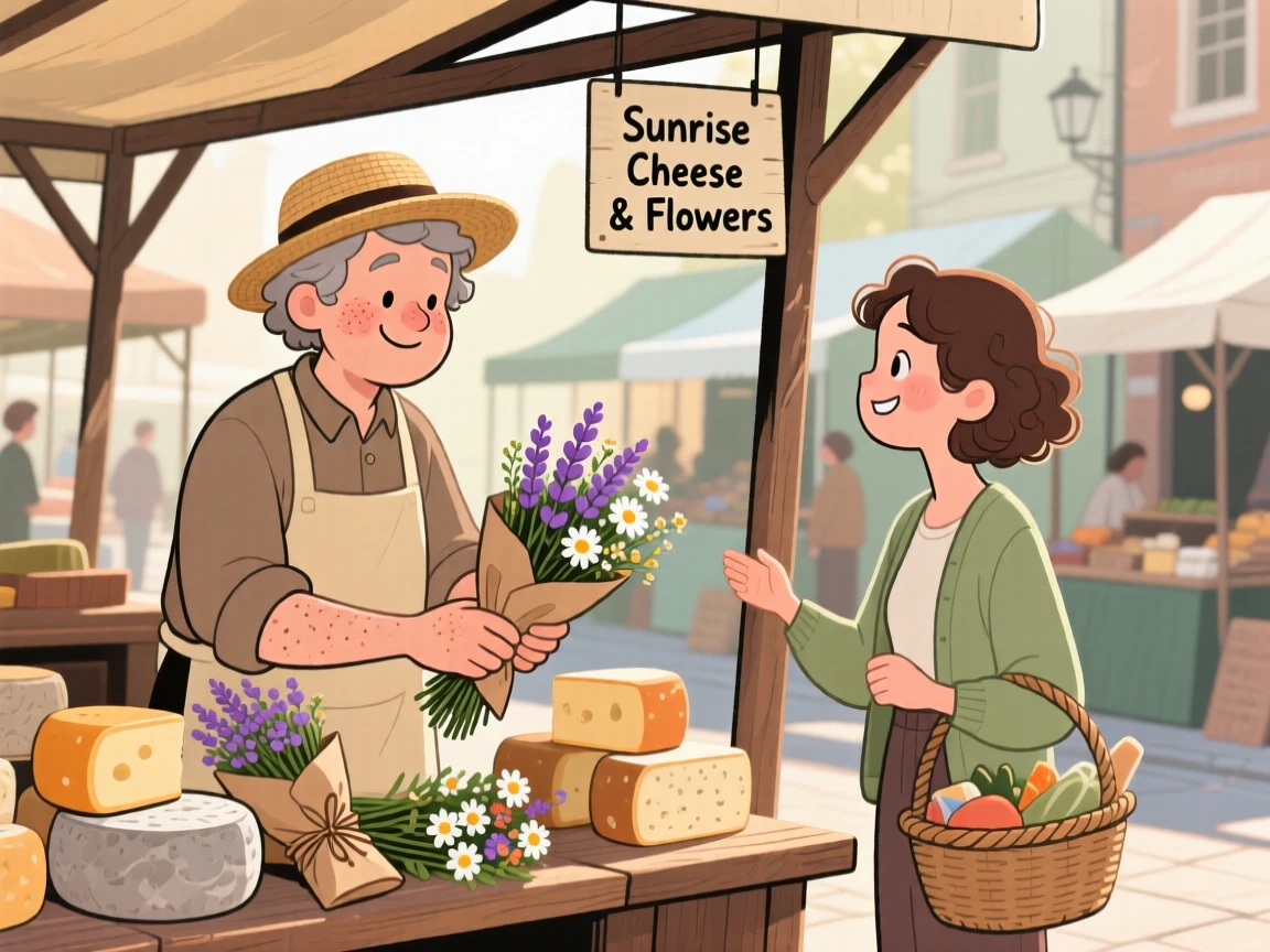 A cheese maker arranges bundles of fresh flowers at a bustling street market, greeting a regular customer with a warm smile in the morning sun.