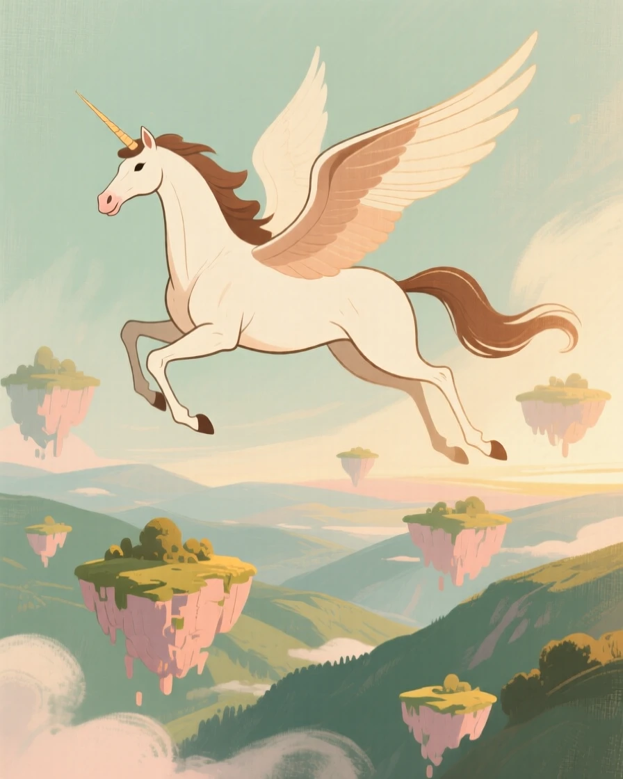A pegasus soaring above a valley of floating islands