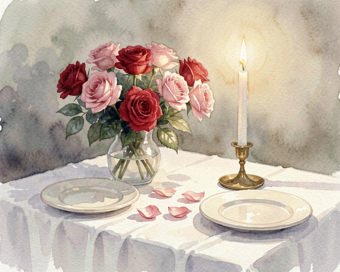 A Valentine's Day table set with roses and candlelight.