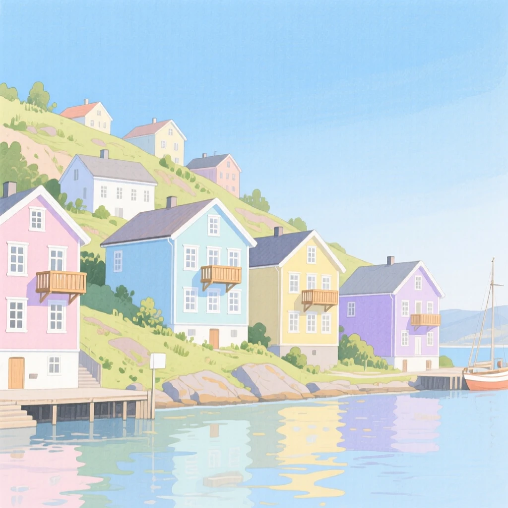 A picturesque view of a Scandinavian fishing village with pastel buildings stacked along the hillside, beneath a clear blue sky