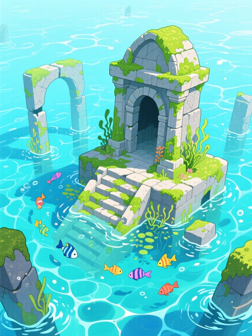 A wondrous view of a sunken temple visible beneath clear water.