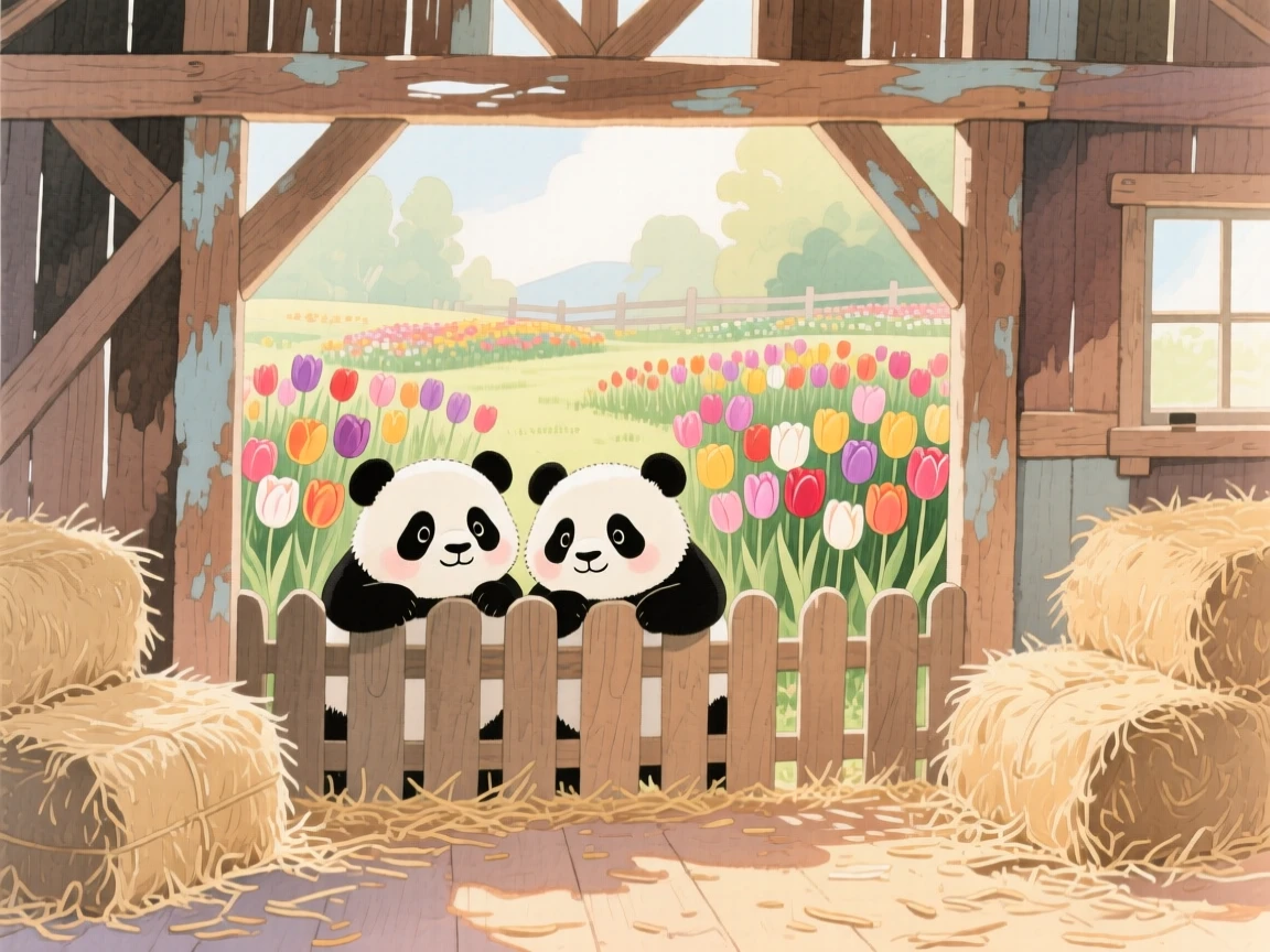 A pair of pandas peeking through a fence at a garden full of tulips, set in a rustic barn filled with soft hay, evoking warmth and gentle affection.
