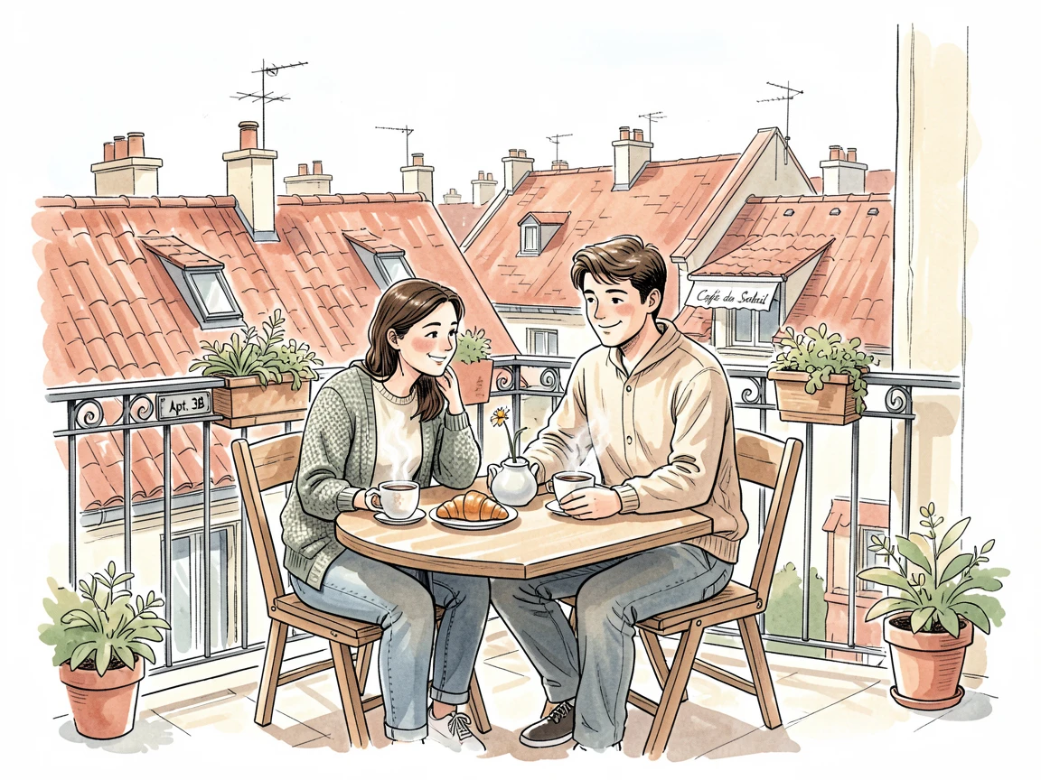A young couple sharing a quiet breakfast on a sunlit balcony overlooking the rooftops, an atmosphere of quiet joy and togetherness.