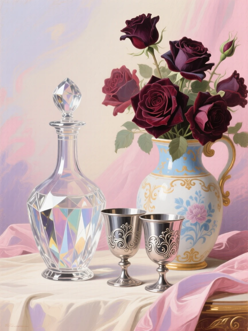 A crystal decanter beside silver goblets and a vase of dark roses  