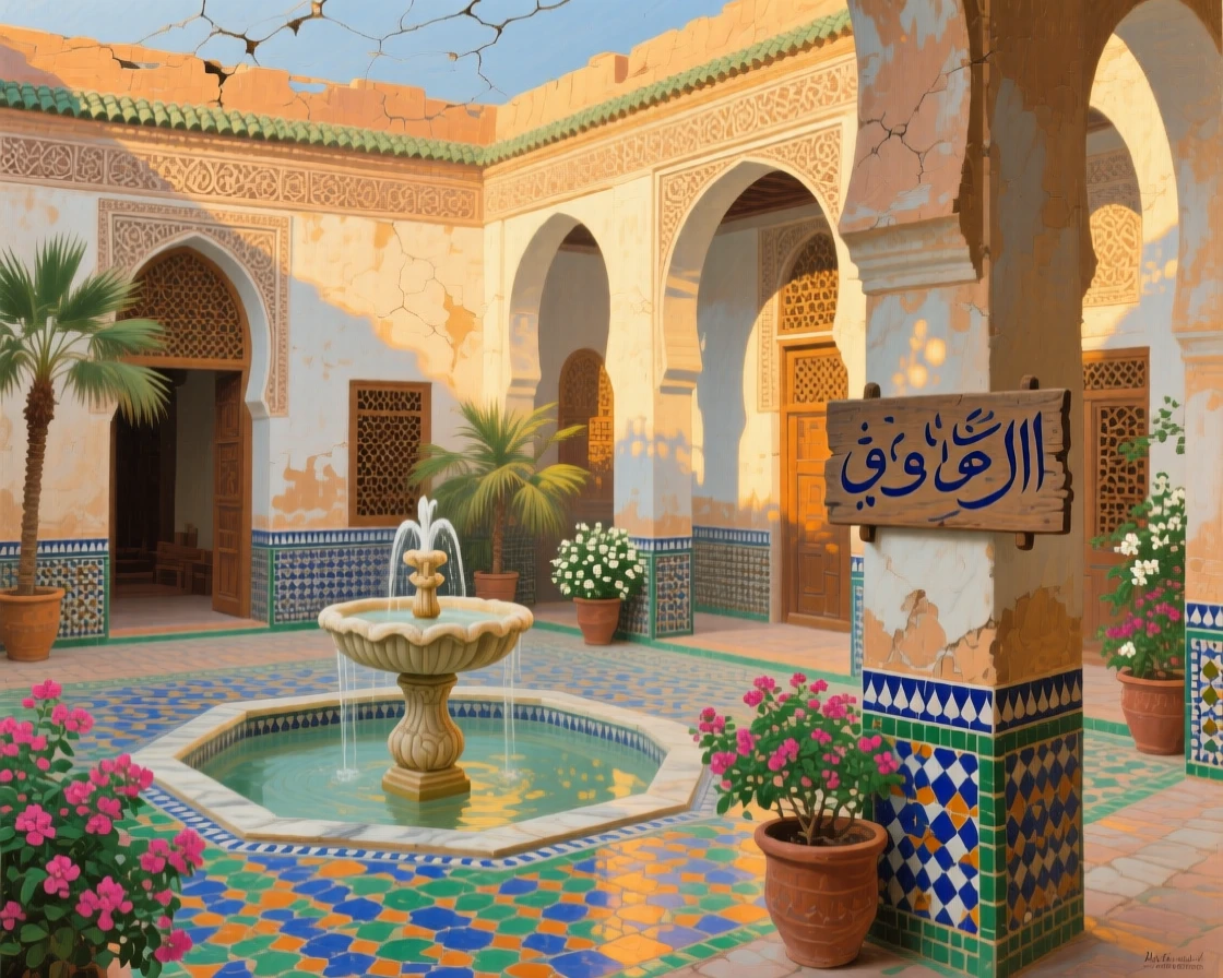 A grand Moroccan riad courtyard with intricate tilework and a central fountain, as soft golden hour light bathes every surface and structure, capturing the timeless beauty and character of a legendary destination