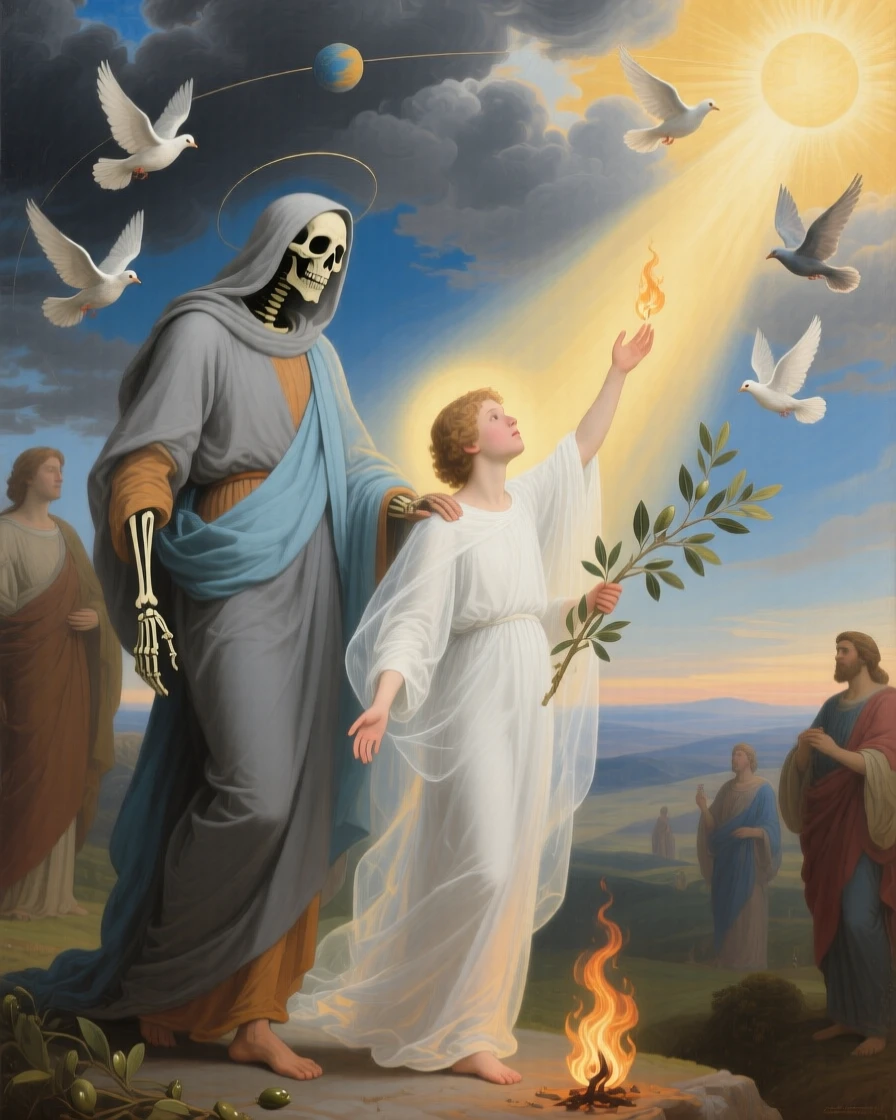 Death depicted as a gentle guide leading a soul toward the light in a moment charged with timeless symbolic meaning, set beneath a sky divided between storm and radiant light, with doves, olive branches, or flames rendered as carriers of deeper meaning; supporting figures orbit the central allegory like planets around a sun, radiating timeless wisdom and moral clarity.