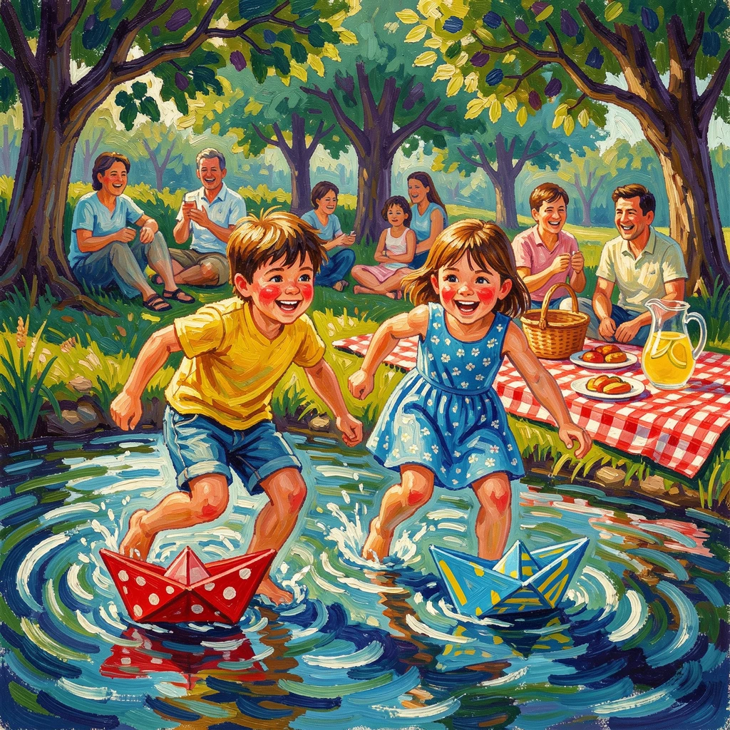 Cousins racing paper boats down a stream during a family gathering by the river.