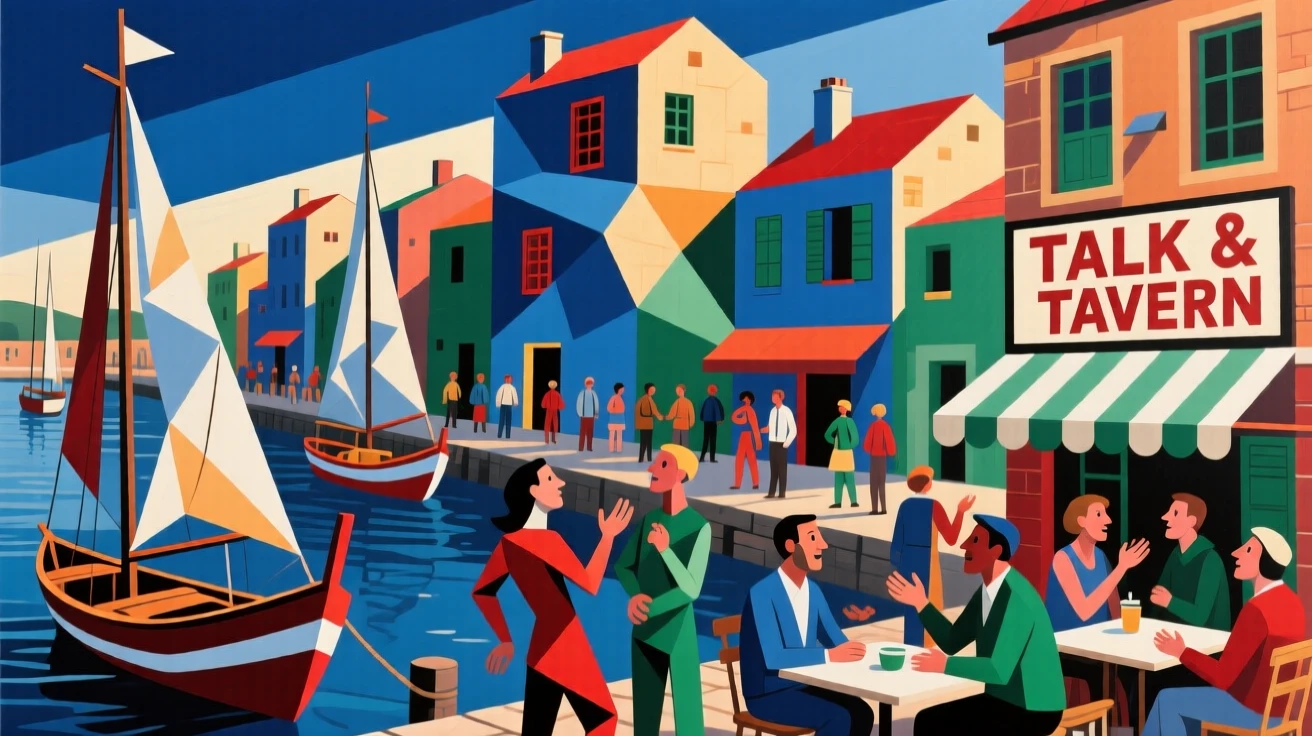 A vibrant scene of a sleepy harbor town filled with the chatter of locals and travelers.
