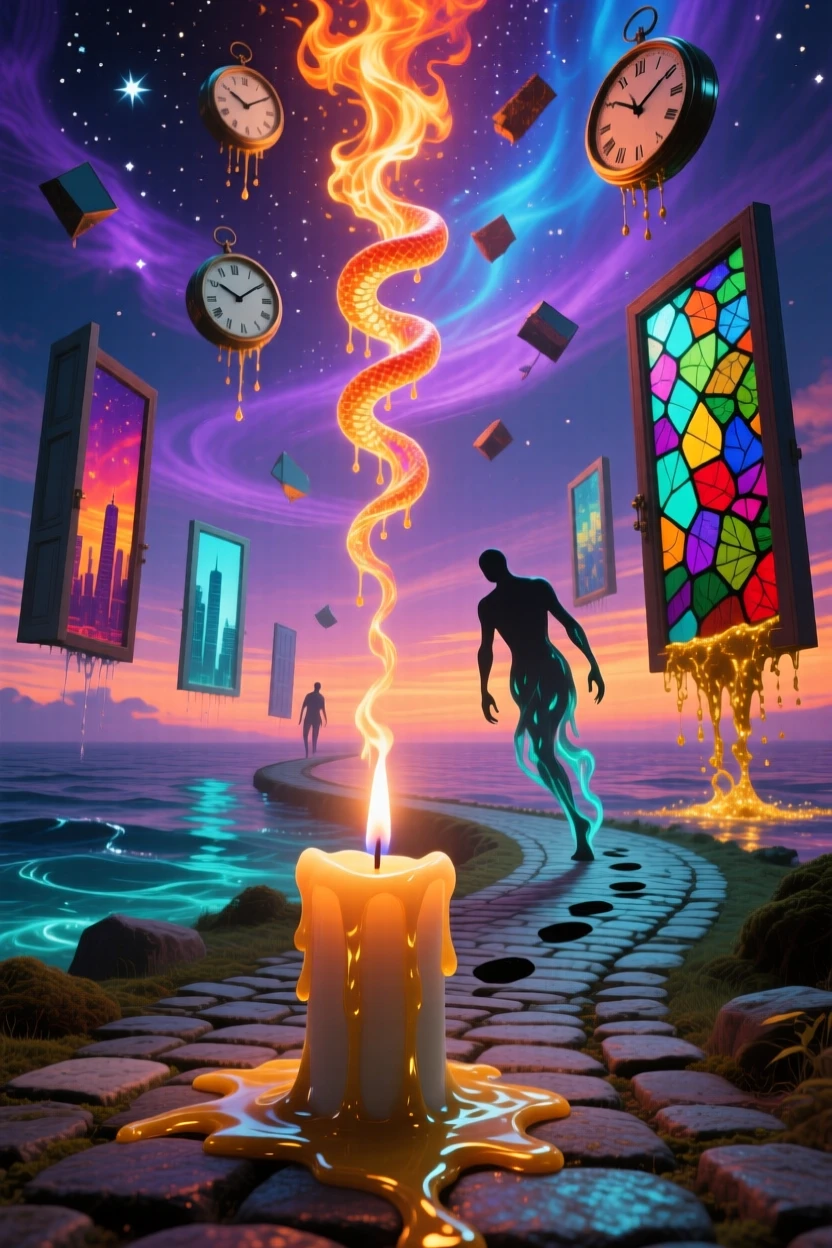 A candle whose flame burns backward, growing taller instead of shorter stretches into a horizon that never quite arrives, while echoes of footsteps arrive before they are taken.